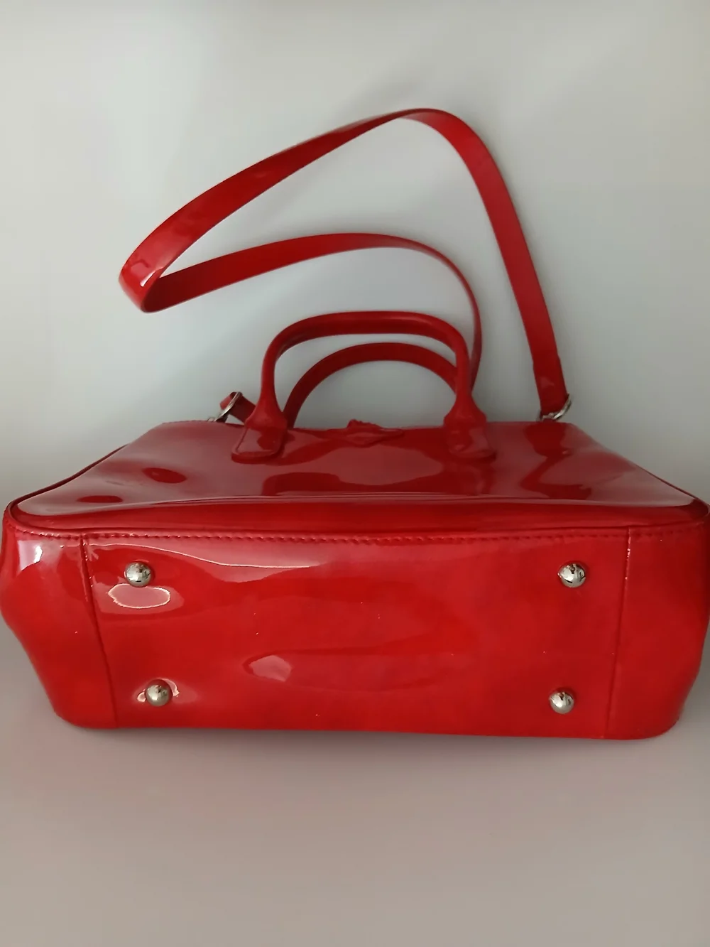 Longchamp Red Patent Leather Satchel with Detachable Strap, Silver Hardware - Picture 5 of 6